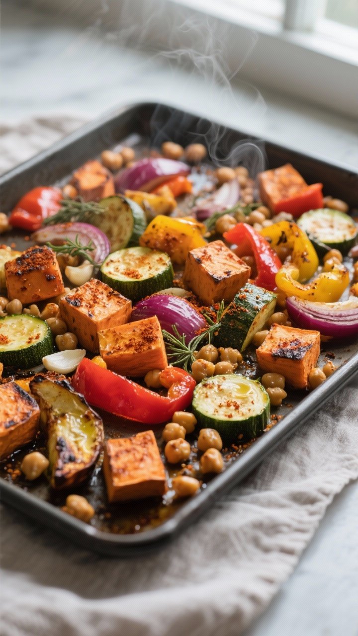 Cooking process – Roasted veggie medley: Sheet pans just out of the oven with roasted sweet potato