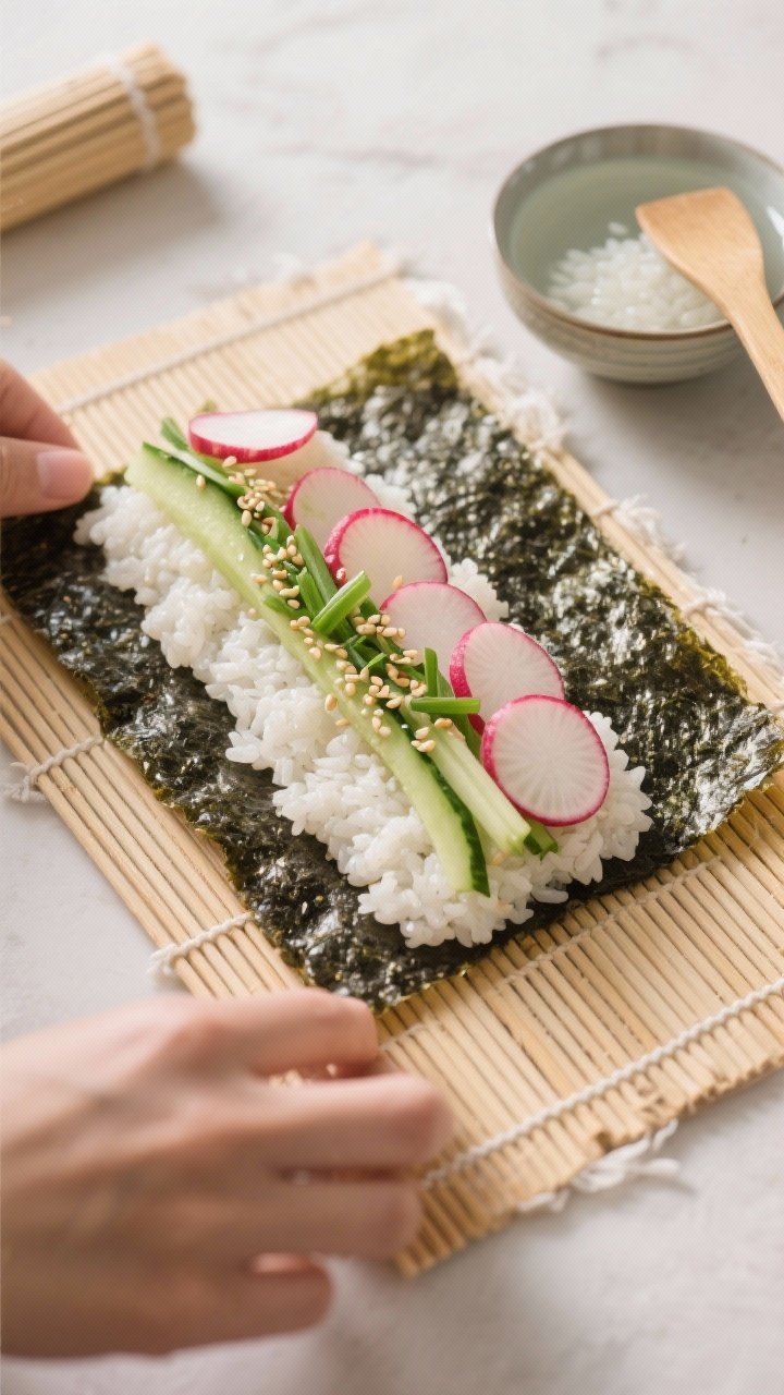 Cooking process: Rolling Radish & Cucumber Sushi Rolls on a bamboo mat—nori with a thin, even laye