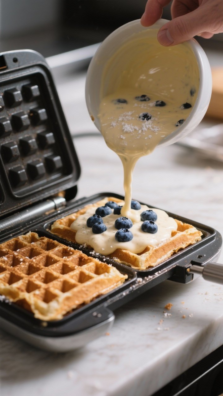 Cooking process scene: Batter with gently folded-in blueberries being spread on a preheated, lightly