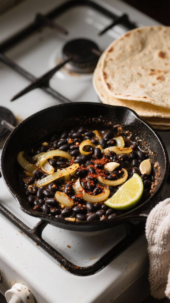 Cooking process: Seasoned black beans simmering in a skillet with sautéed golden onions and flecks 