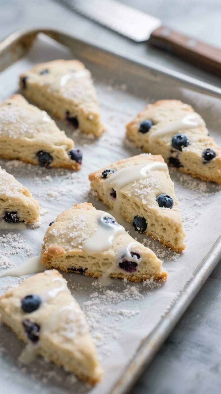Cooking process: Shaped, chilled scone wedges arranged on a parchment-lined tray before baking, brus