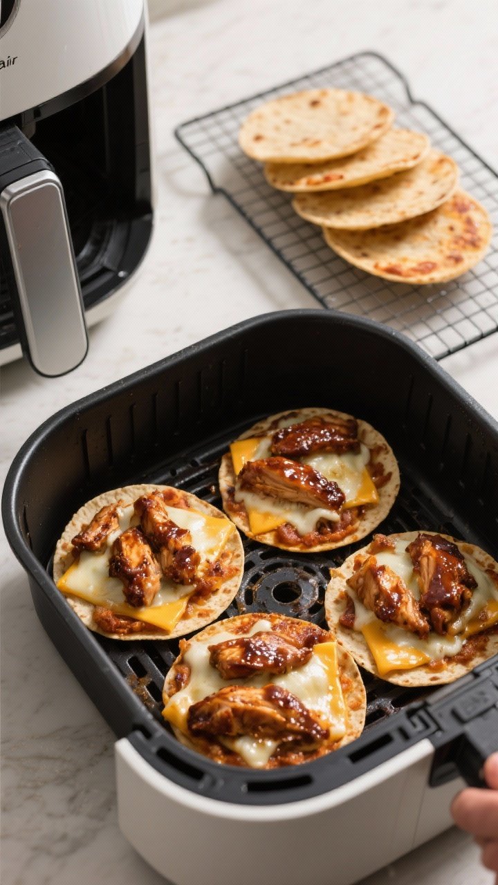 Cooking process shot: Air fryer basket open with a batch of mini tortilla-based BBQ chicken pizzas m