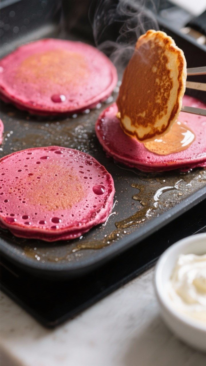 Cooking process shot: Beet-Red Velvet Pancakes cooking on a nonstick griddle, overhead view. Three p