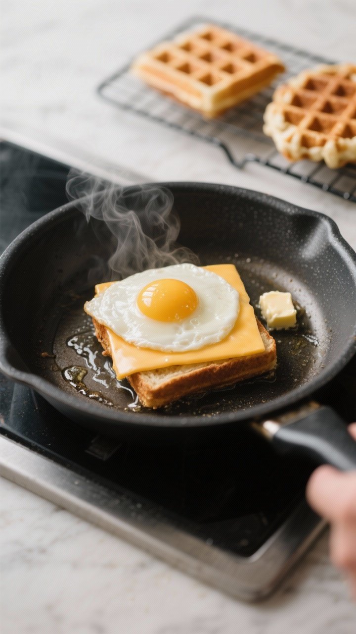 Cooking process shot: Egg and cheese for the waffle sandwich being cooked in a nonstick skillet over