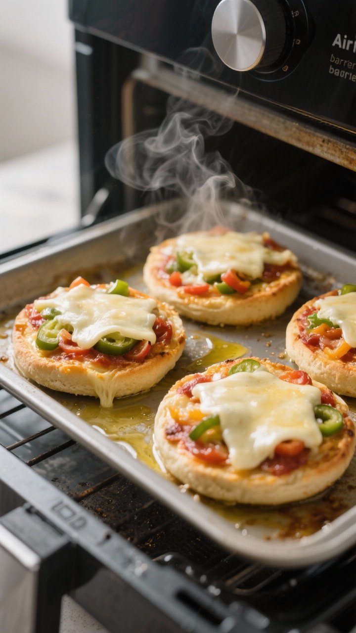 Cooking process shot in an air fryer/toaster oven tray: assembled English muffin pizzas mid-bake wit