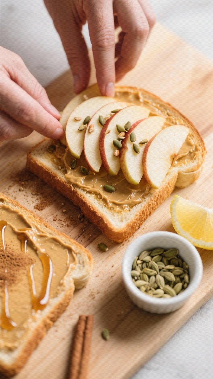 Cooking process shot: Overhead image of assembly in progress—golden toast already spread corner-to