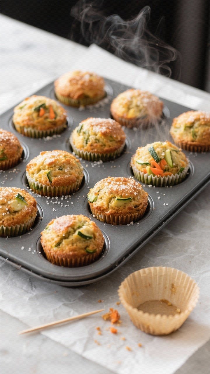 Cooking process shot: Overhead view of a 12-cup muffin tin fresh from the oven with domed zucchini &