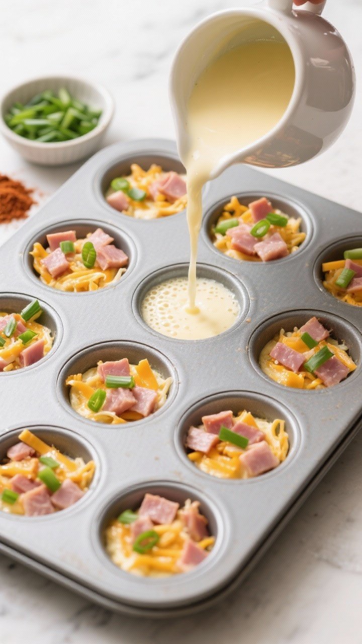 Cooking process shot: overhead view of a greased 12-cup muffin pan mid-assembly, each cup evenly lay