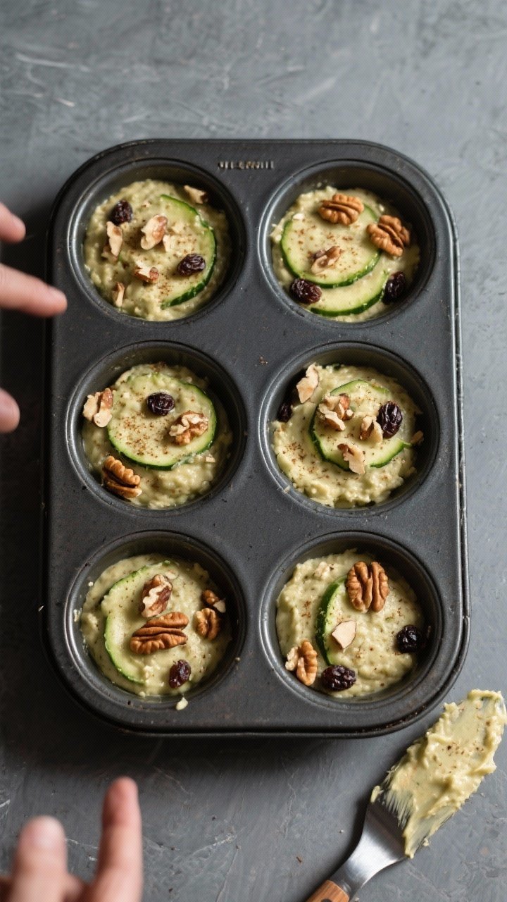 Cooking process shot: Overhead view of a mini muffin tin just filled 3/4 full with the spelt zucchin