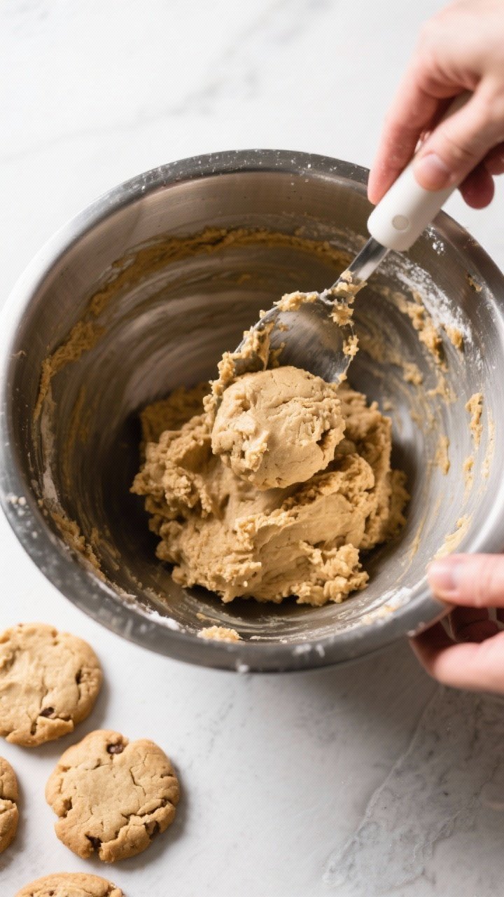 Cooking process shot: Overhead view of a mixing bowl with the finished cookie dough being portioned 