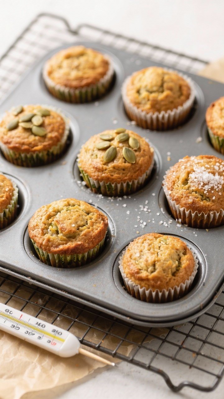 Cooking process shot: Overhead view of a muffin pan just out of the oven, 12 golden-brown Wowbutter 