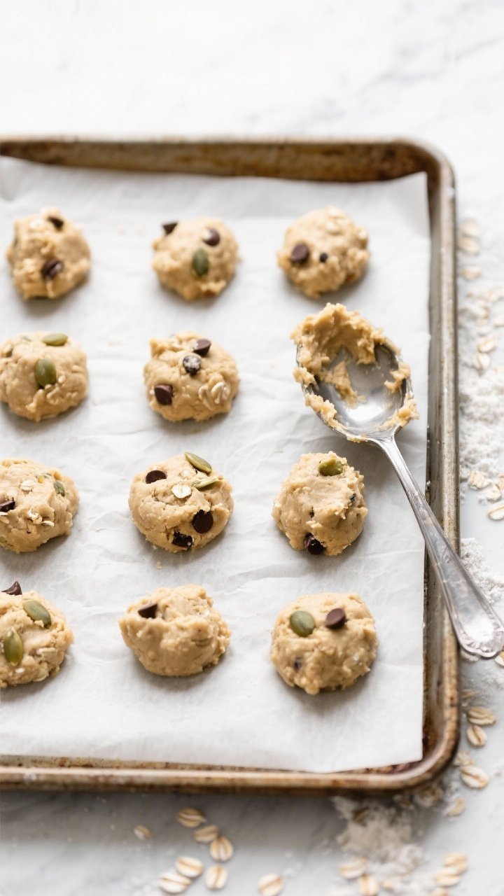 Cooking process shot: Overhead view of a parchment-lined baking sheet with evenly spaced, rounded sc