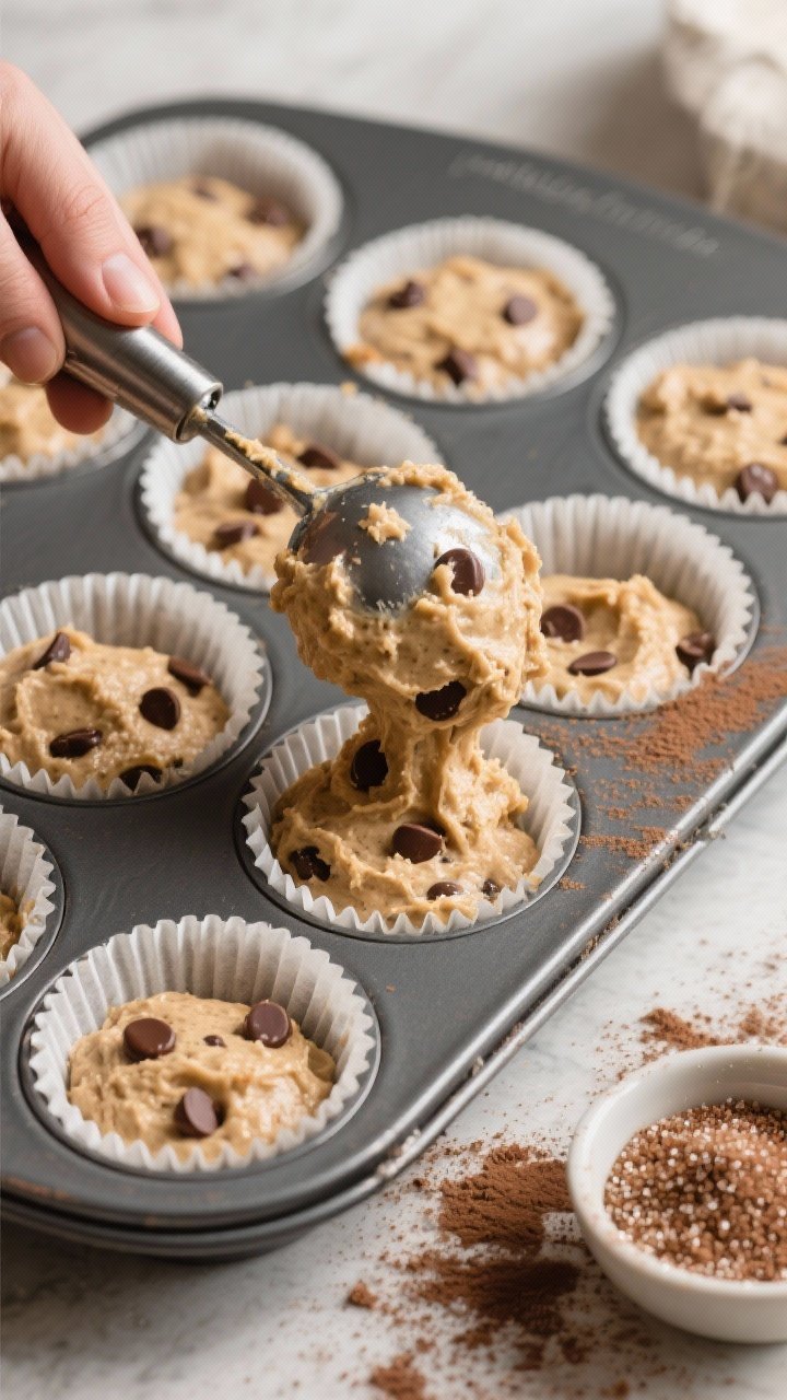 Cooking process shot: Overhead view of a thick, lumpy muffin batter being portioned with a cookie sc