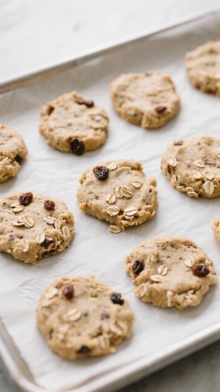 Cooking process shot: Overhead view of cookie dough portions just shaped and gently flattened to abo