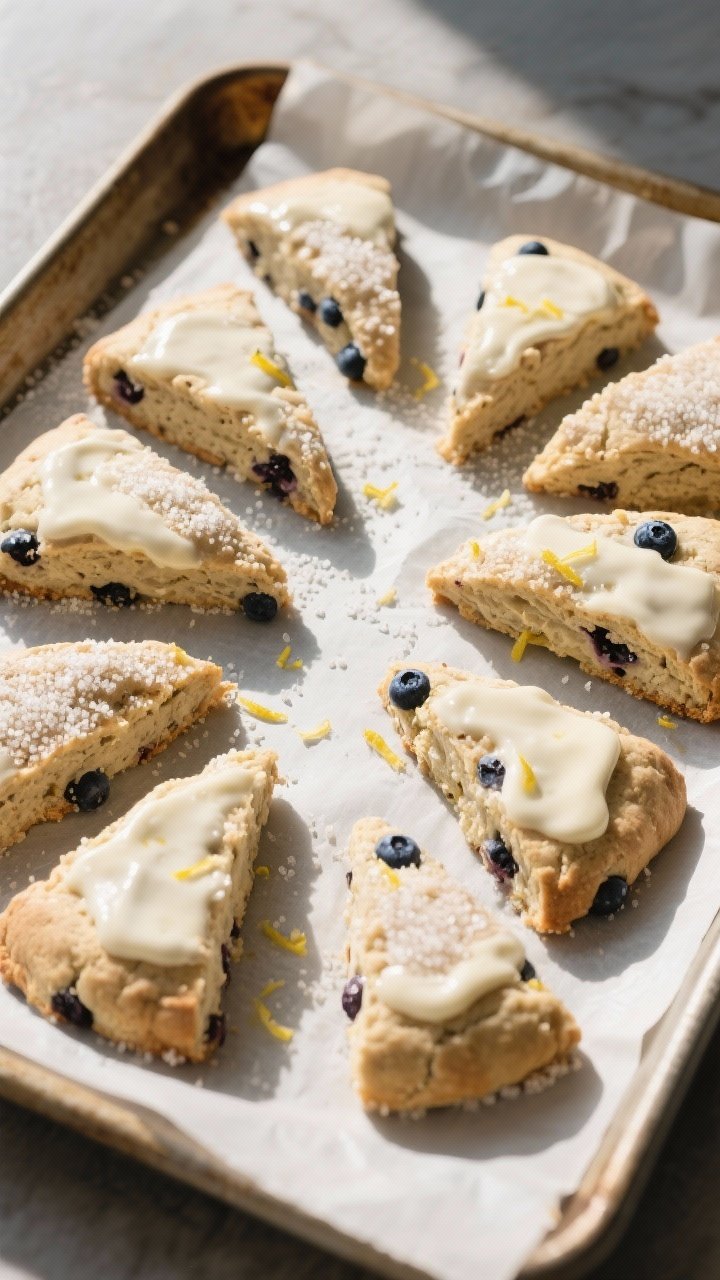 Cooking process shot: Overhead view of eight wedge-cut einkorn blueberry scones on a parchment-lined