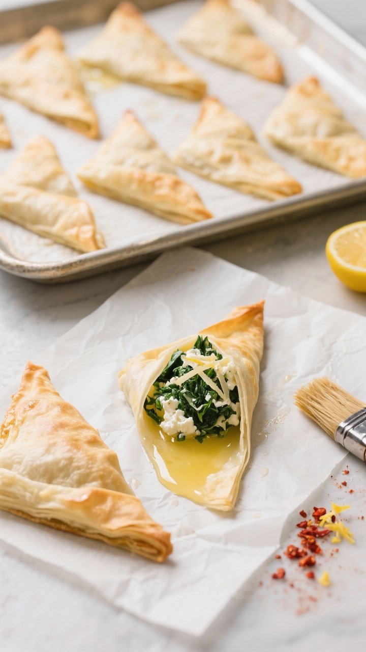 Cooking process shot: Overhead view of phyllo strips on a parchment-lined surface, each brushed with