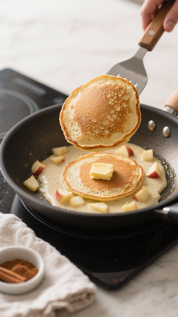 Cooking process shot: Pancakes cooking on a nonstick skillet over medium heat, showing the key flip 