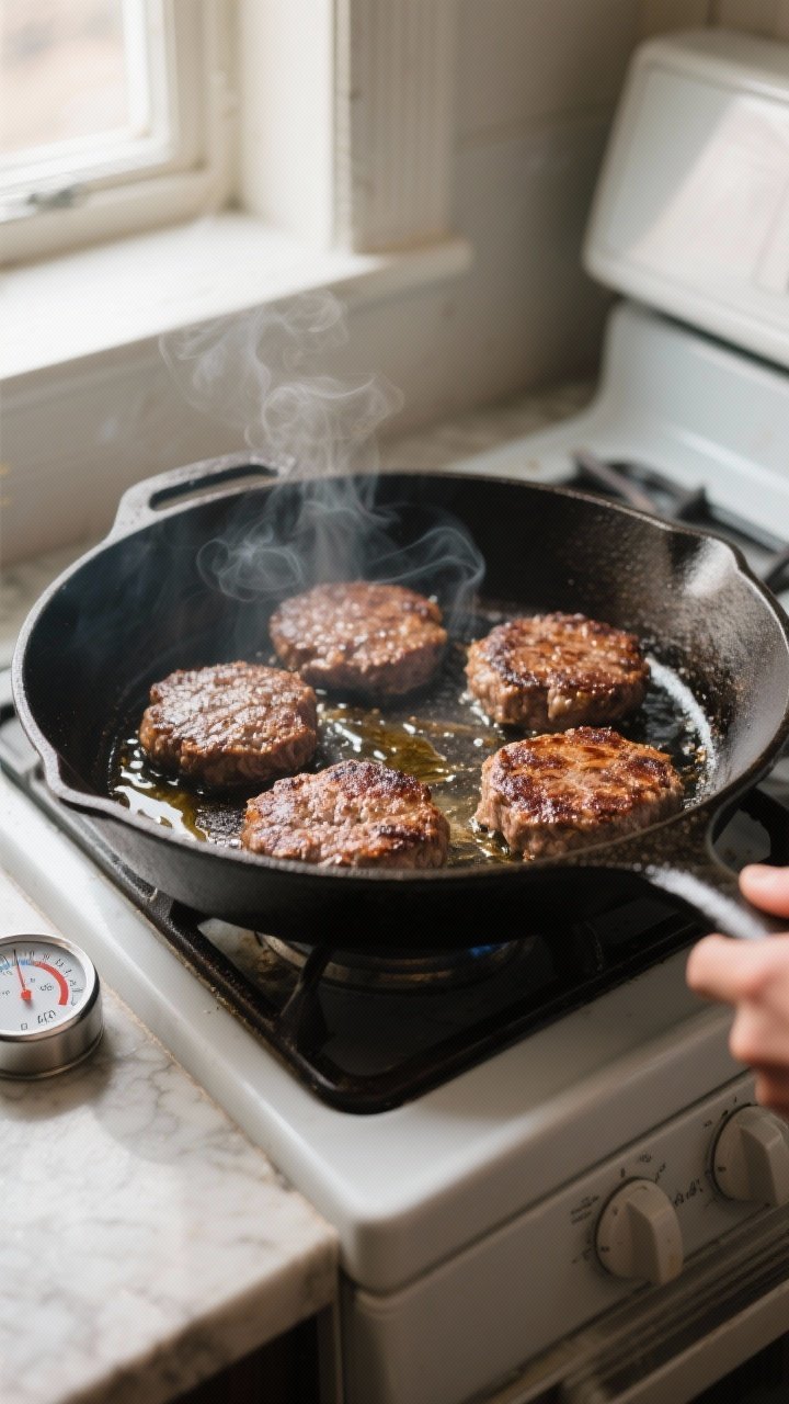 Cooking process shot: Patties searing in a large cast-iron skillet, spaced apart to avoid crowding,
