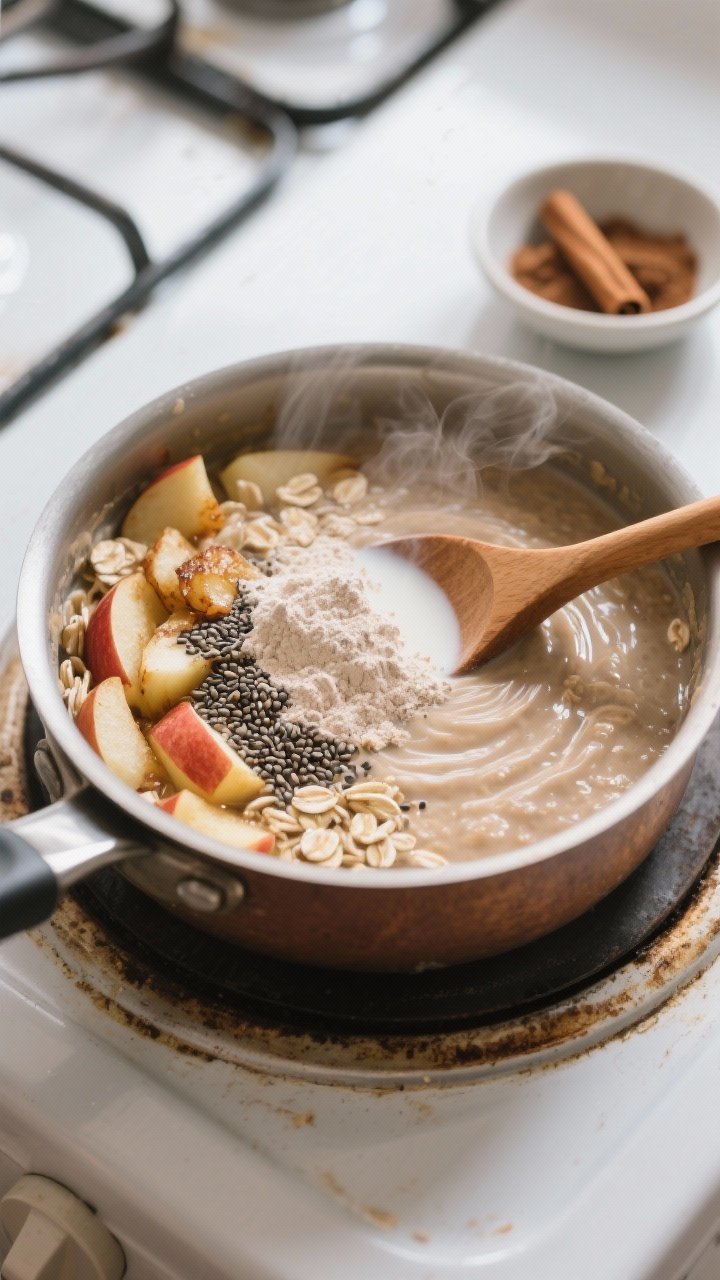 Cooking process shot: Rolled oats simmering in a small saucepan, folded with sautéed cinnamon apple