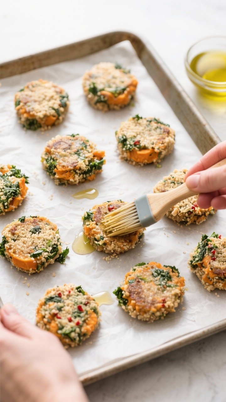 Cooking process shot: Shaping the mixture into small patties on a parchment-lined tray before baking