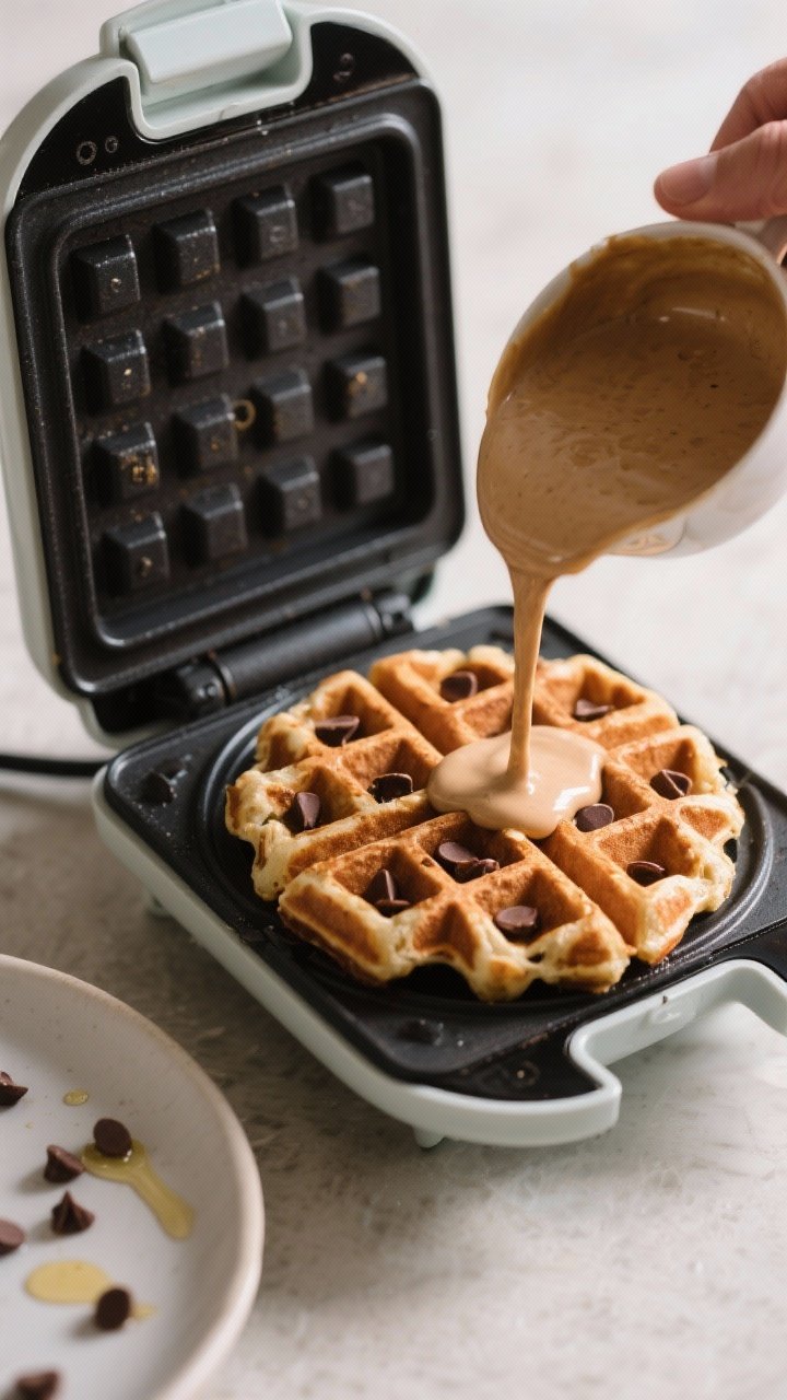 Cooking process shot: waffle iron open with a perfectly cooked chocolate chip protein waffle inside,