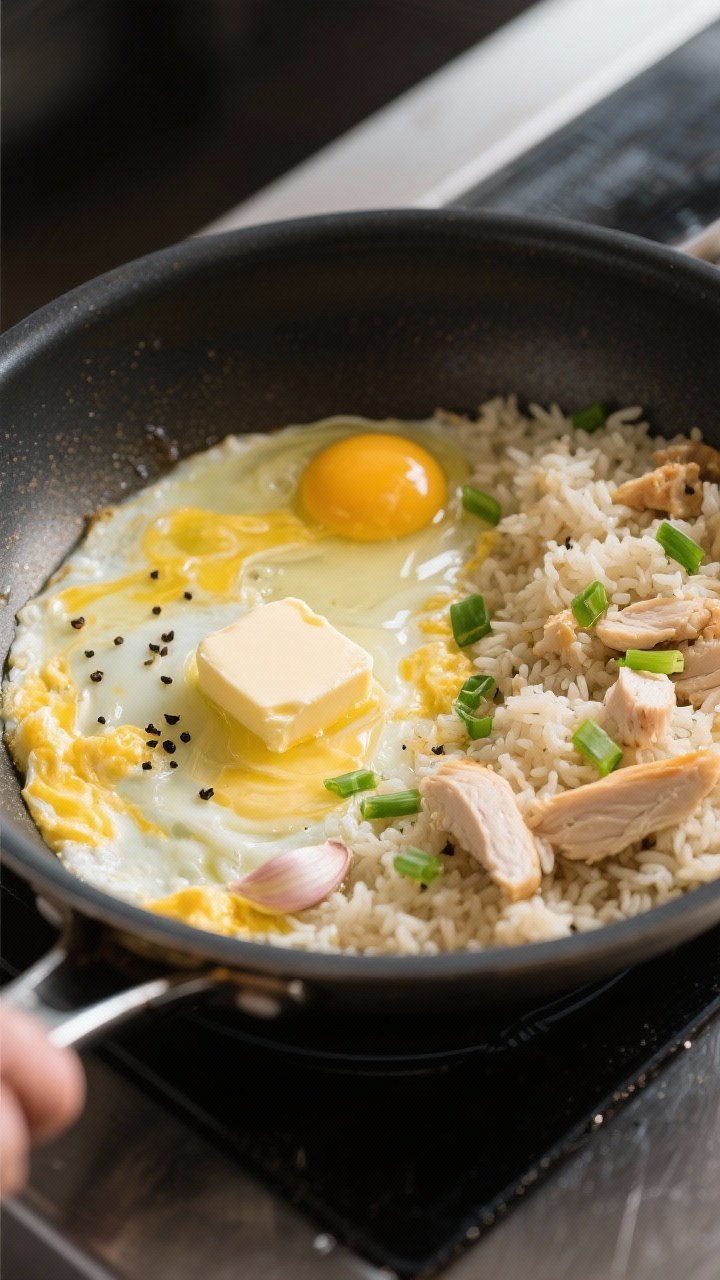 Cooking process: Skillet scene with the rice and chicken pushed to one side while a pat of butter me