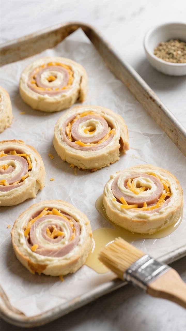 Cooking process: Sliced pinwheel rounds arranged on a parchment-lined tray before baking, cut-side u