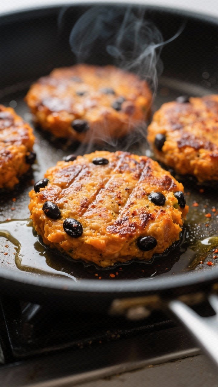 Cooking process, stovetop sear: Sweet potato–black bean burger patties sizzling in a matte black n