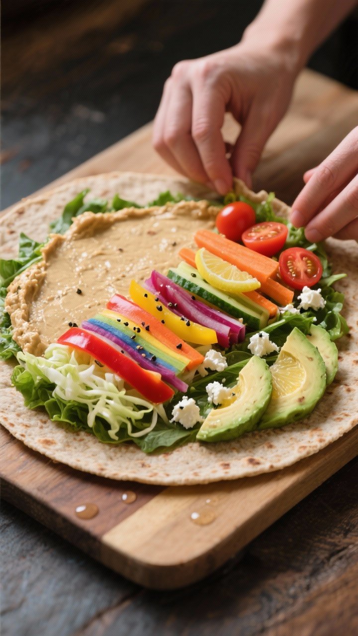 Cooking process: The “Add the rainbow” step captured mid-assembly. A warmed whole-wheat tortilla