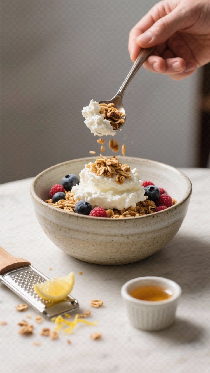 Cooking process: The assembly stage of the cottage cheese bowl—spoonfuls of vanilla-cinnamon cotta