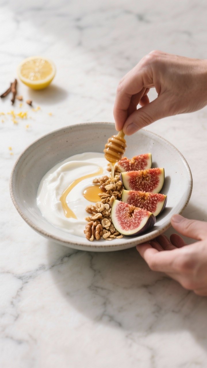 Cooking process: The bowl being assembled—yogurt base already smoothed, a thin stream of honey mid