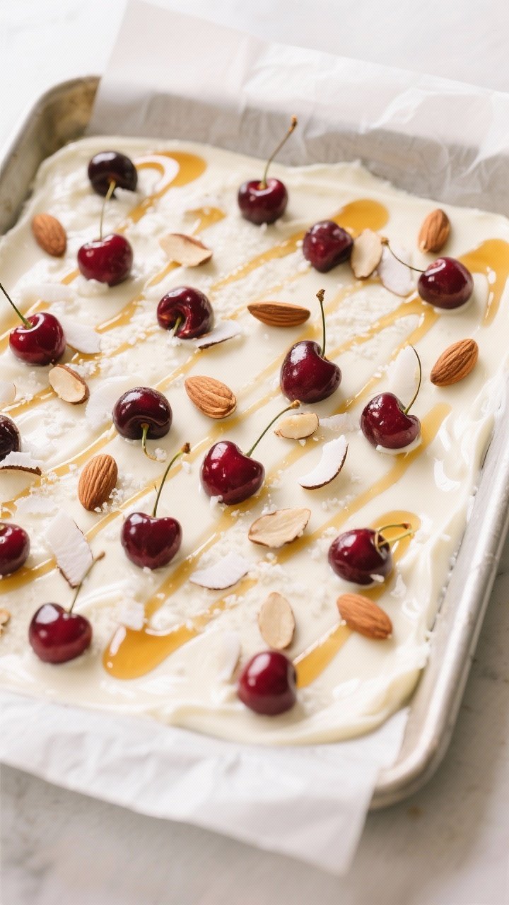 Cooking process: The prepared pan of yogurt bark before freezing, evenly spread to a thin 1/4-inch l