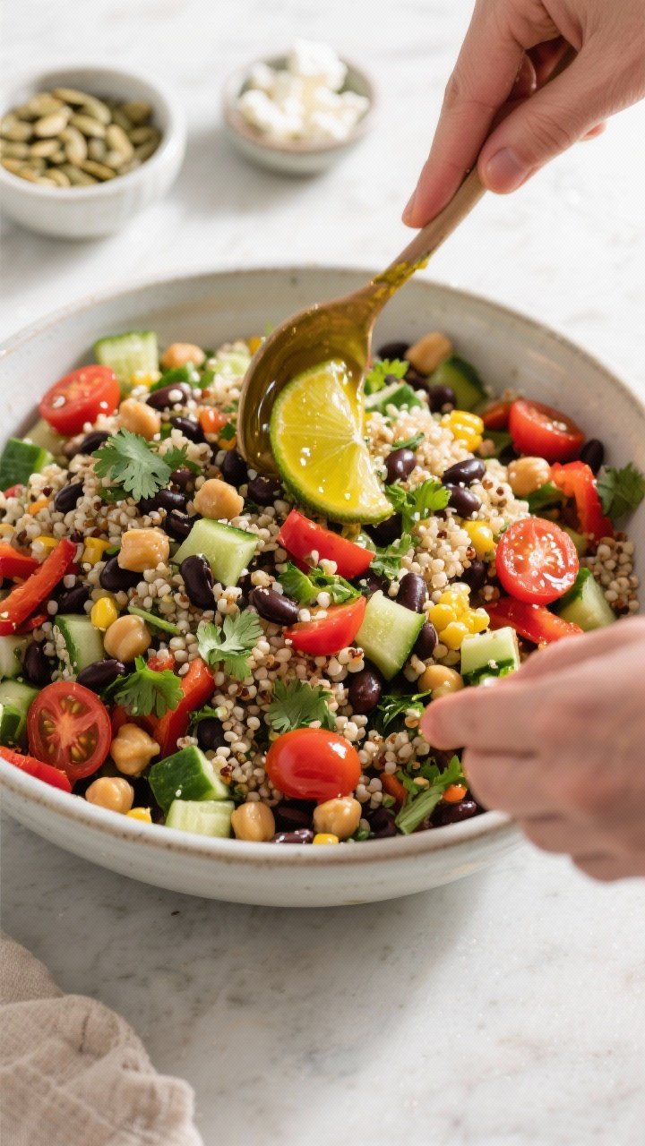 Cooking process: The quinoa & bean salad being tossed in a large bowl—cooled quinoa folded togethe