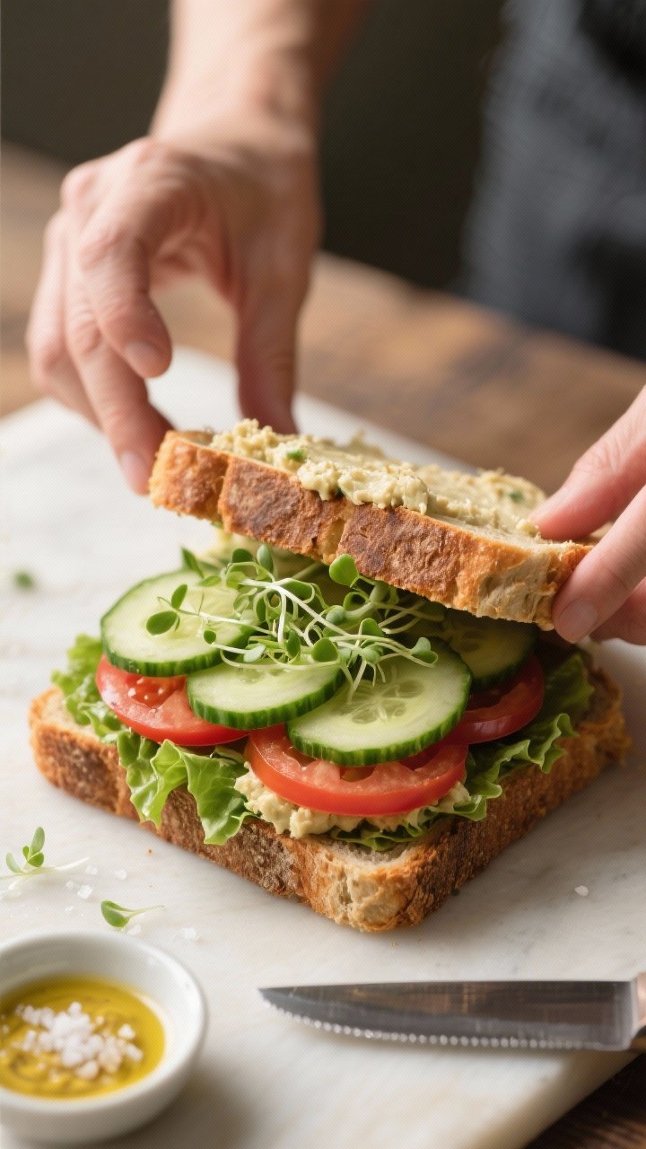 Cooking process: The sandwich being assembled—one toasted sourdough slice spread generously with t