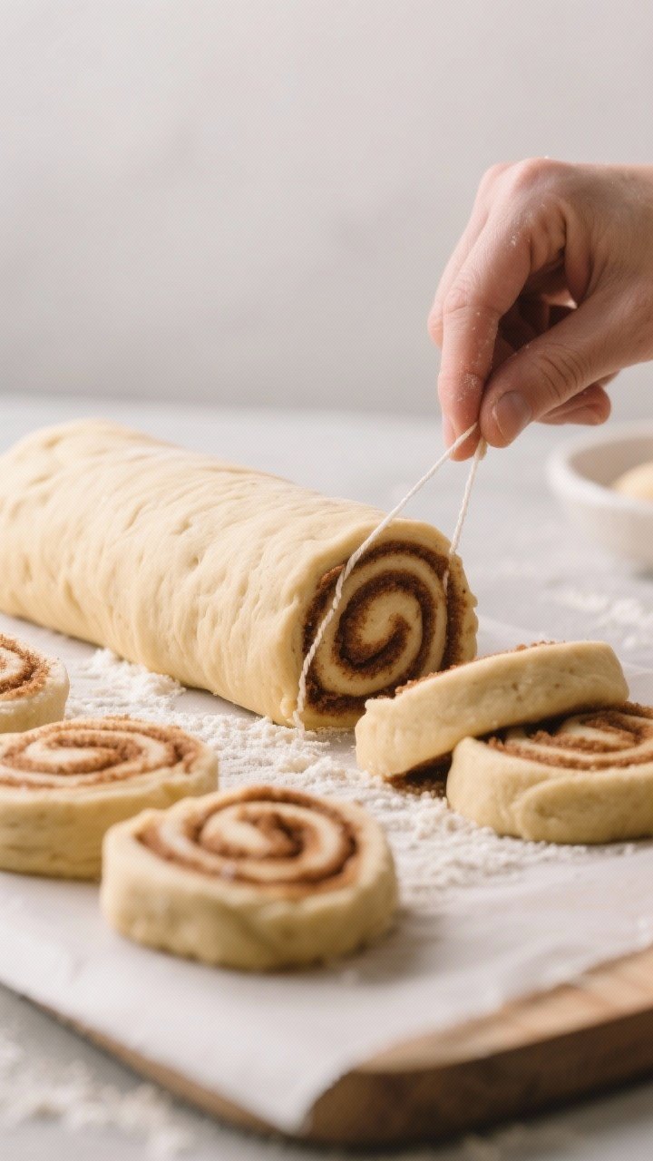 Cooking process: The shaped cinnamon roll log being sliced into even rounds with unflavored dental f