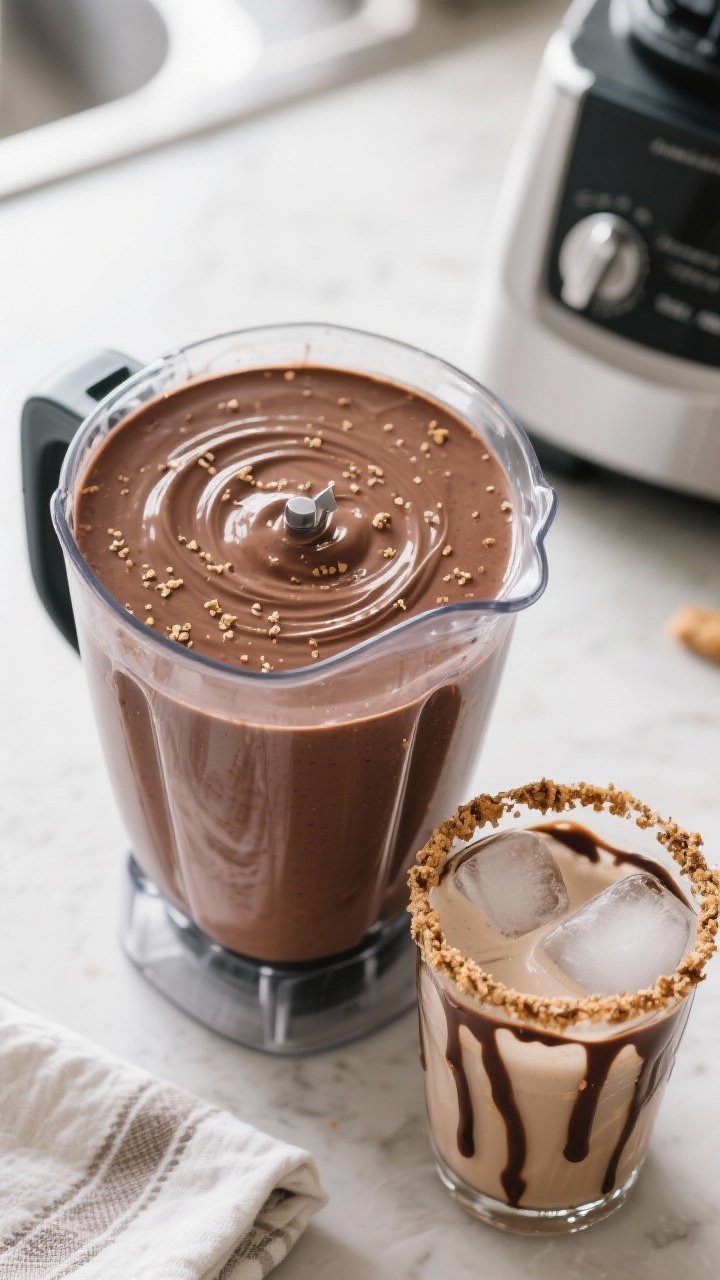 Cooking process: The smoothie in the blender just after blending, lid off, showing a glossy, thick, 