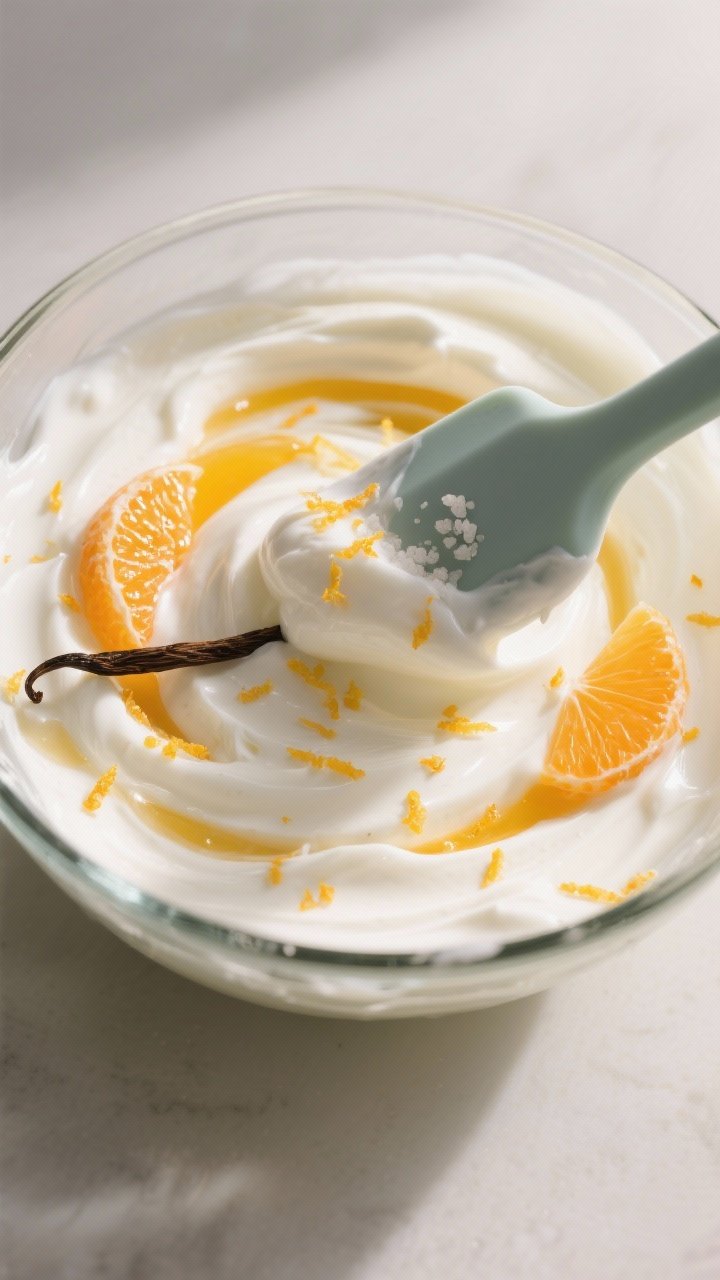 Cooking process: The sweetened, zested yogurt being mixed in a glass bowl—visible ribbons of tange