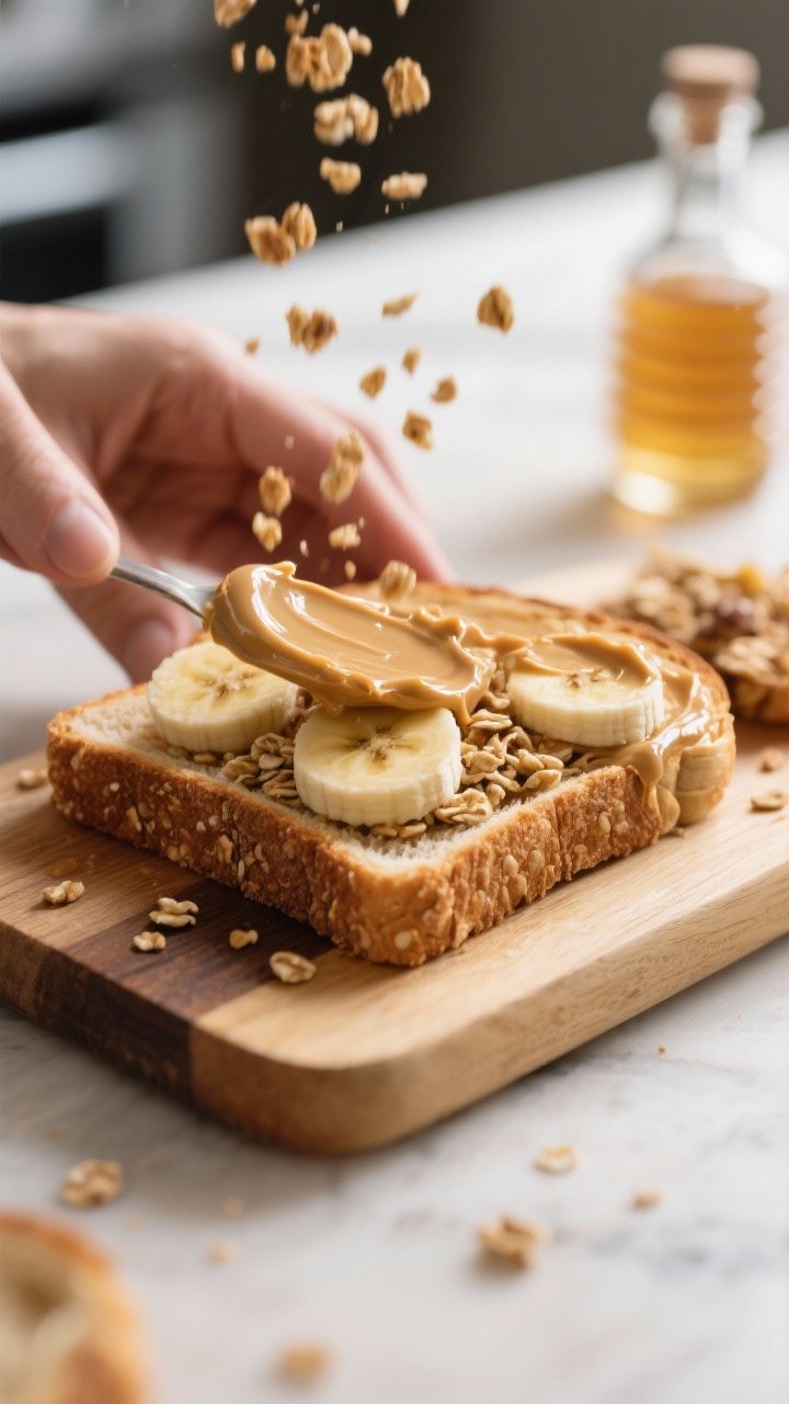 Cooking process: The toast being assembled—crisp golden multigrain slice on a board with warmed pe