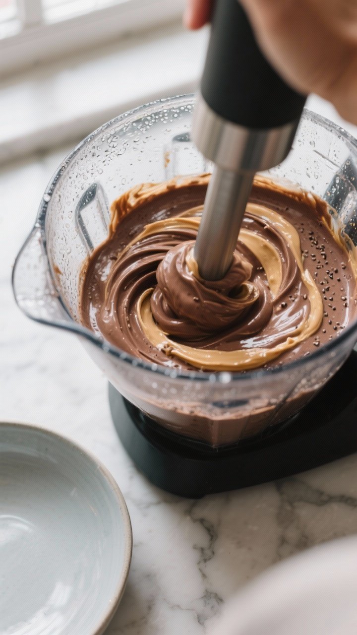 Cooking process – thick blend action: A powerful blender shot mid-blend of a chocolate peanut butt