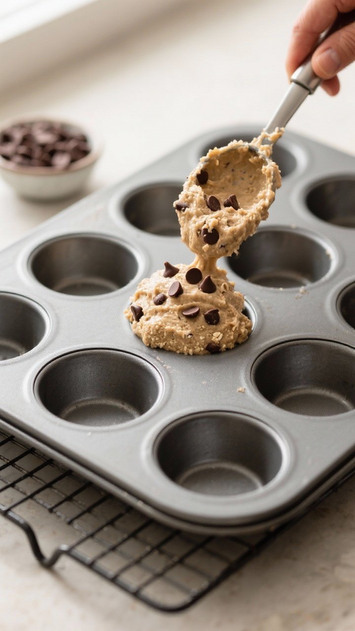 Cooking process: Thick, scoopable batter being portioned into a 12-cup muffin tin with a batter scoo