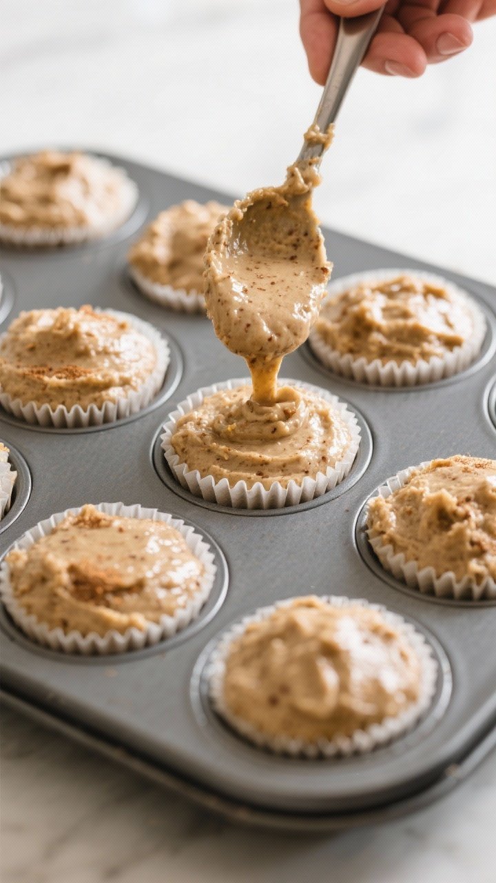 Cooking process: Thick, slightly lumpy whole-wheat banana muffin batter being portioned into a lined