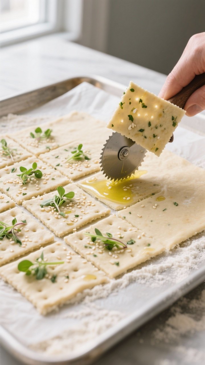Cooking process: Thinly rolled sheet of microgreen cracker dough on a floured surface, already cut i