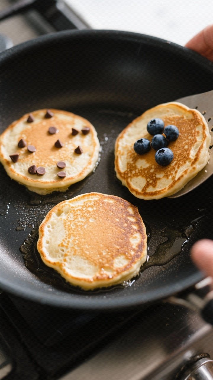 Cooking process: Three pancakes cooking on a matte black nonstick skillet over medium heat, overhead