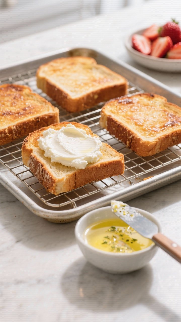 Cooking process: Toasting stage on a wire rack over a sheet pan—four slices just out of the oven, 