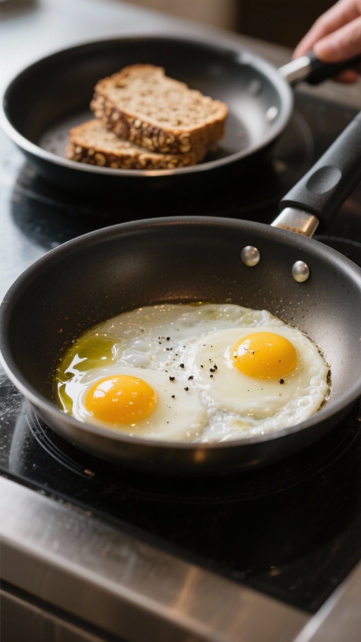 Cooking process: Two eggs frying sunny-side up in a nonstick skillet with a sheen of olive oil, whit