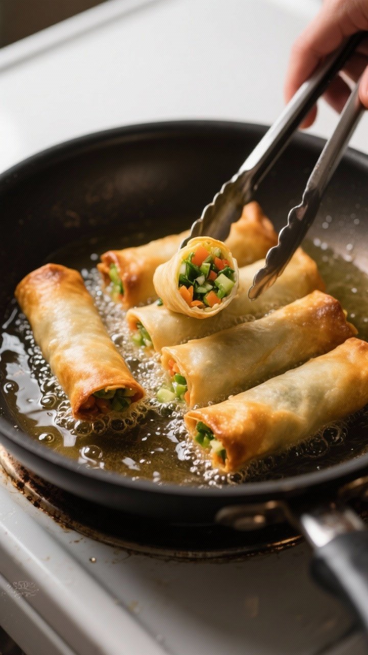 Cooking process: Veggie-packed egg rolls sizzling in a skillet with 1/2 inch neutral oil, mid-fry st