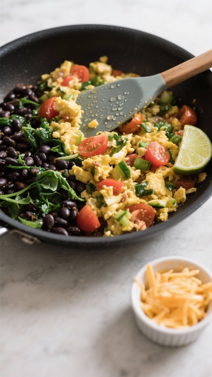 Cooking process: Veggie scramble being gently folded together on one side of the skillet while black