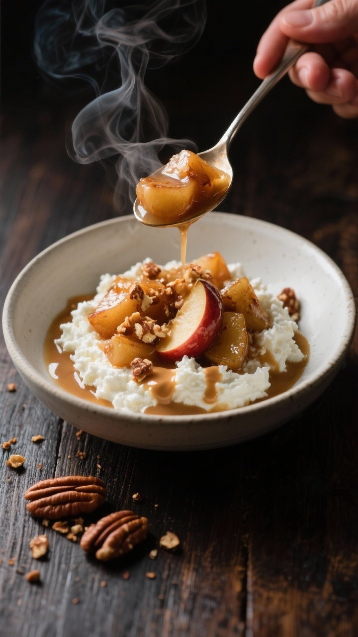 Cooking process: Warm apple compote variation being spooned over the prepared cottage cheese bowl—