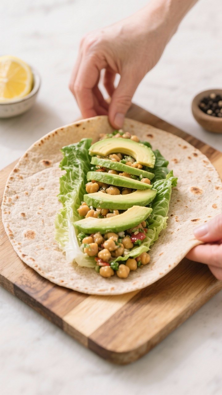 Cooking process: Warmed whole-wheat tortilla on a board being assembled—layer of crisp romaine lea