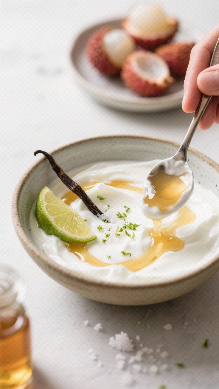 Cooking process: Yogurt being mixed in a ceramic bowl with a drizzle of honey, a pinch of salt, vani